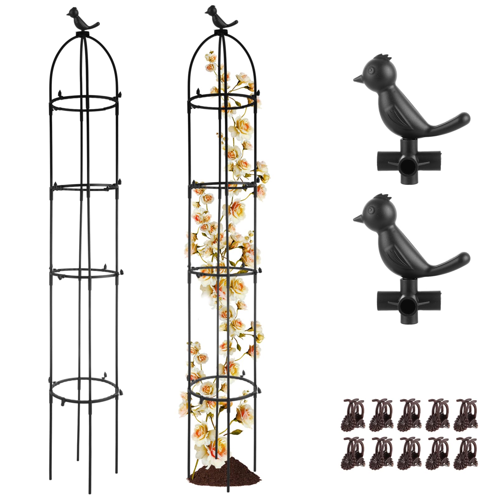 LOLYSIC 2Pcs Garden Obelisk, 155cm 5ft Metal Garden Trellis for Climbing Plants, Heavy Duty Steel Frame Obelisk Plant Supports for Garden Outdoor Patio Backyard Rose Vine Vegetable Flower Pot, Black