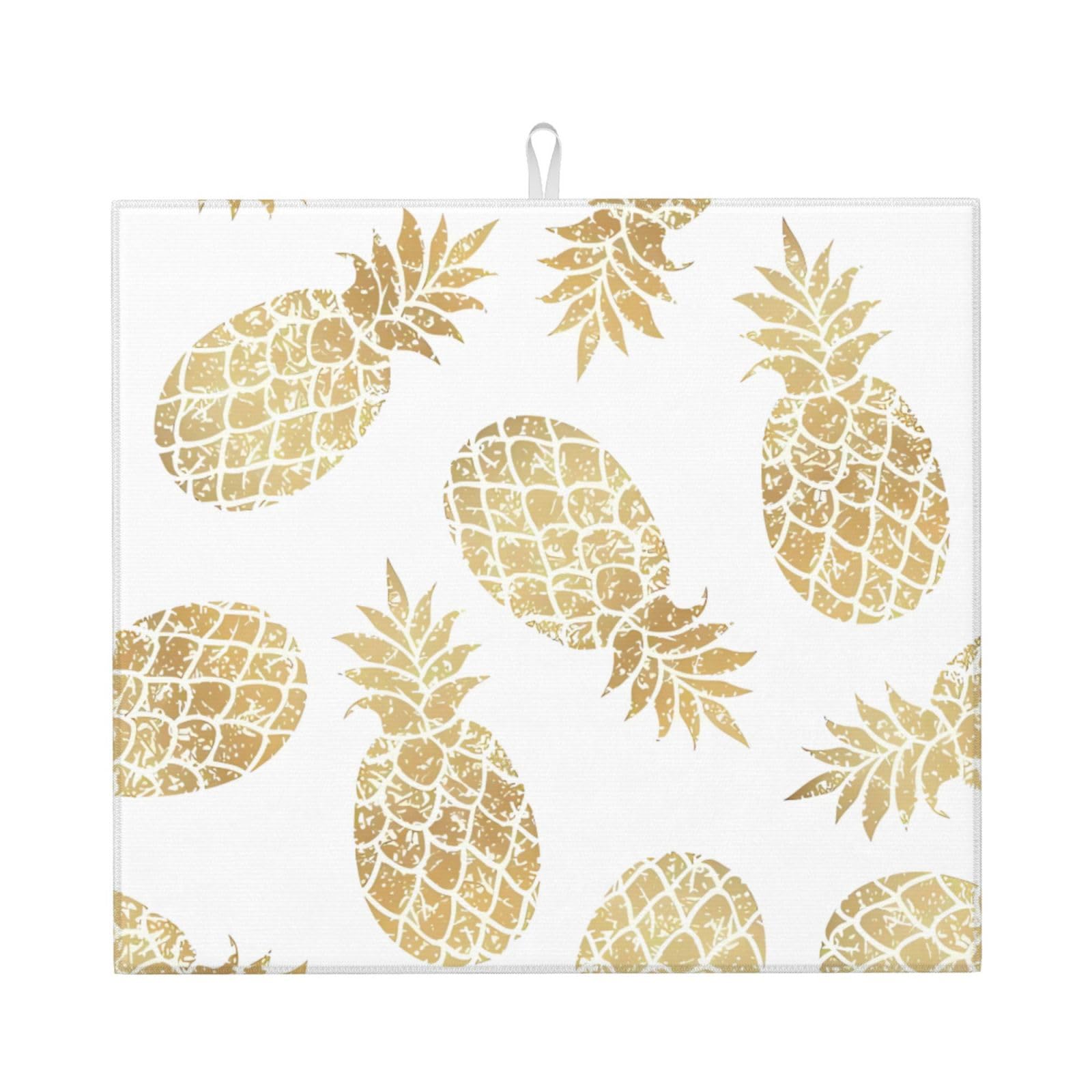 WHJSHOP golden pineapple background Prints Kitchen Drying Mat - Absorbent Dish Drying Throw with Vibrant Prints, Quick-Dry Countertop Layer for Dishes & Glassware - Non-Slip