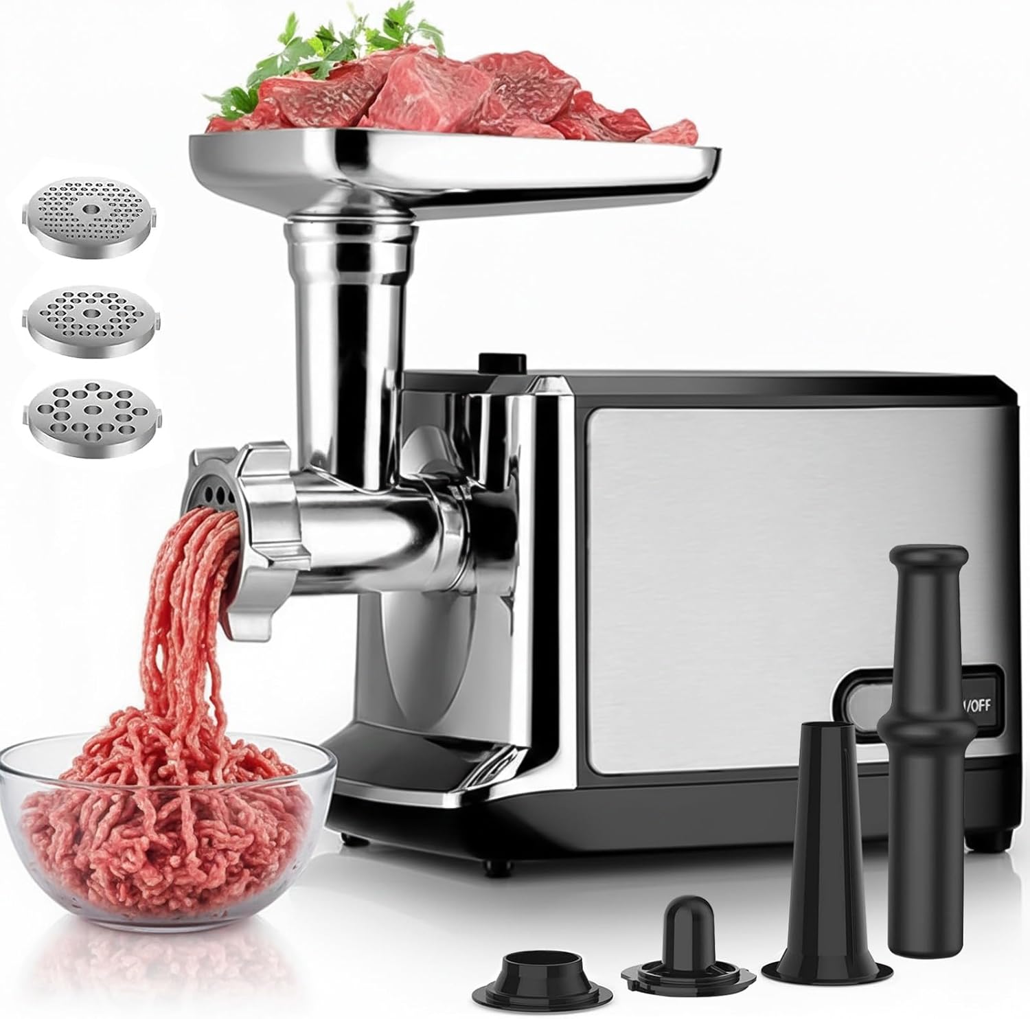 Electric Meat Grinder Heavy Duty - 3-in-1 Meat Mincer & Sausage Maker | Multifunction Grinder for Home Use | Sausage Stuffer with 3 Tubes, 2 Blades, 3 Plates | Stainless Steel, Manual | Silver