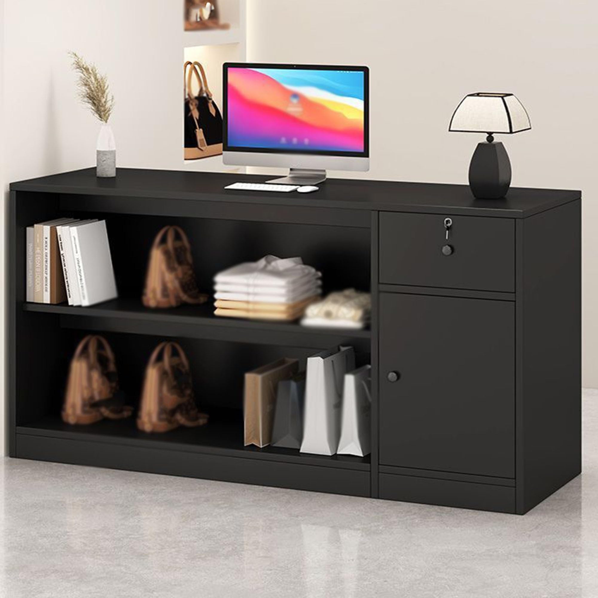 Mostrador Recepción con Almacenaje, Cajón con Llave, Negro Mate(B,100cm)