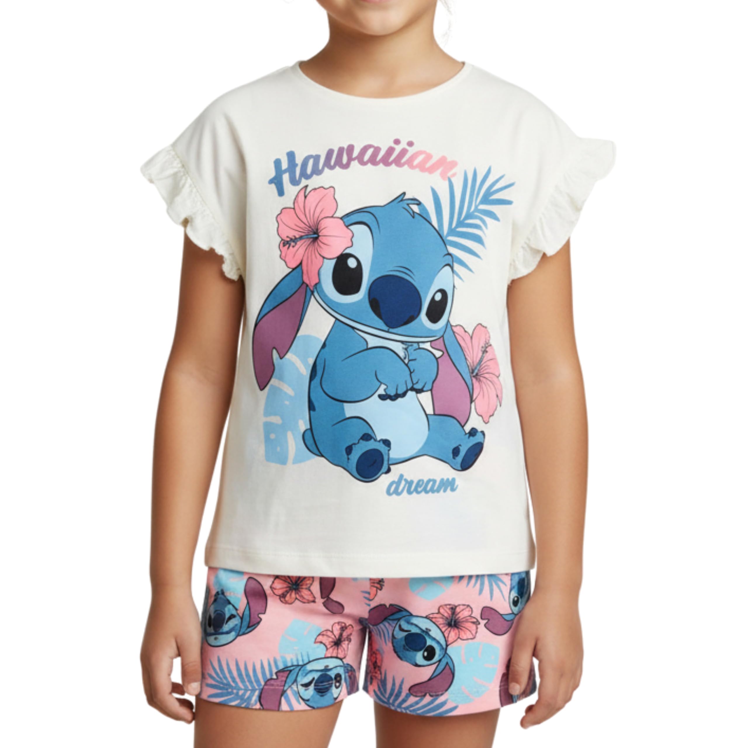 Disney Stitch Pijamas para Niña, 'Hawaiian Dream' Camiseta Manga Corta y Pantalon Corto Algodon, Tallas 3 a 8 Años