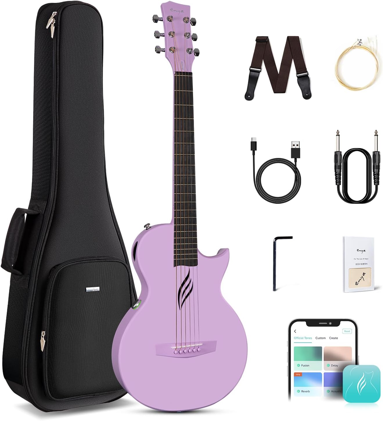 Enya NOVA GO SP1 Carbon Fiber Travel Guitar - 35" Acoustic Electric with Smart AcousticPlus Technology, Built-in Effects, USB Recording, Bluetooth Speaker, Beginner Bundle with Gig Bag & Accessories