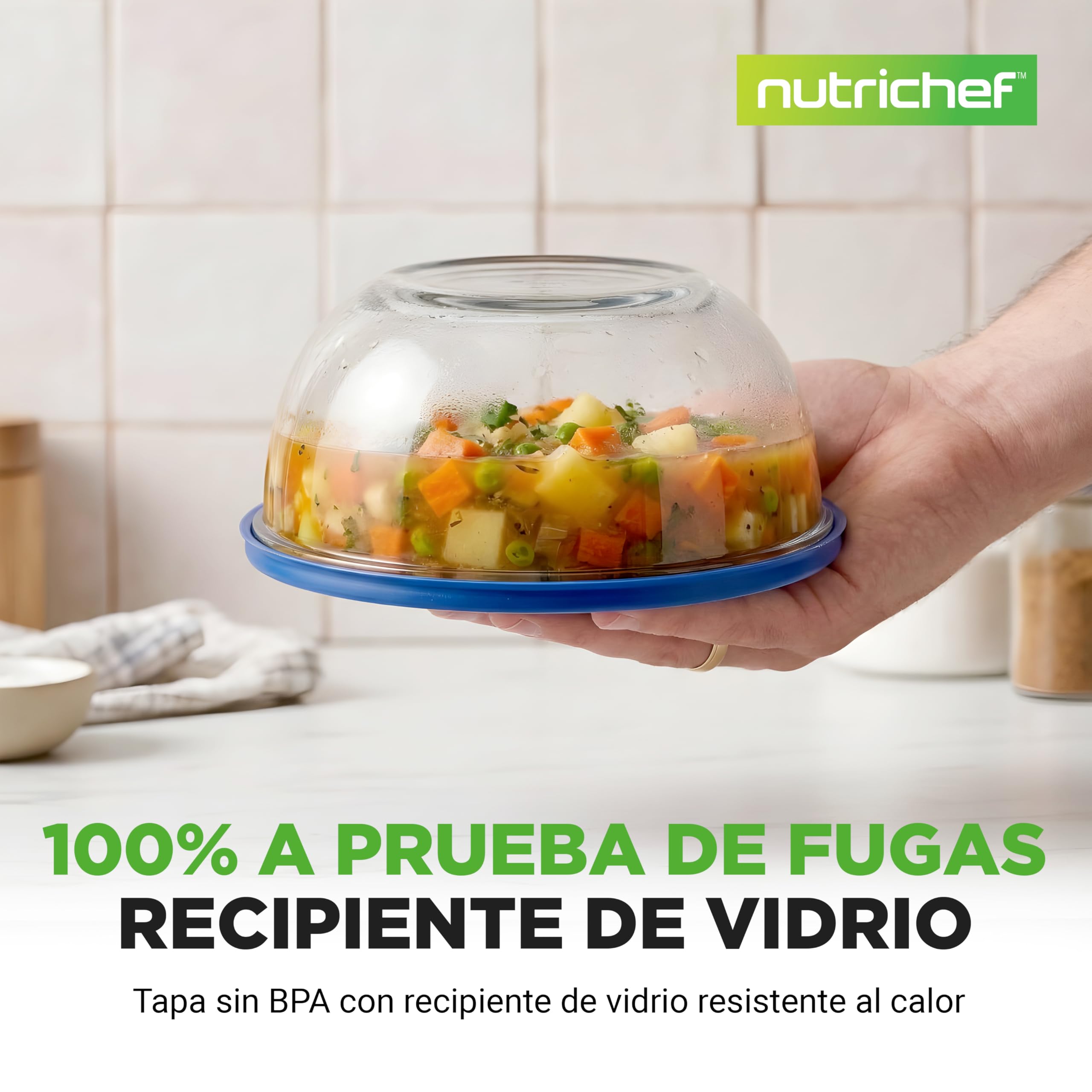 NutriChef set de 4 boles, Ensaladeras de cristal con tapa hermética, Apilables, Aptos para microondas, Horno, Lavavajillas y congelador, 4 tamaños