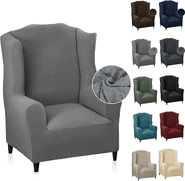 MAXIJIN Wingback Chair Covers 1-Piece Stretch Wing Chair Covers Soft Thick Wingback Armchair Slipcover Non-Slip High Back Chair Furniture Protector Washable Wing Chair, Light Gray