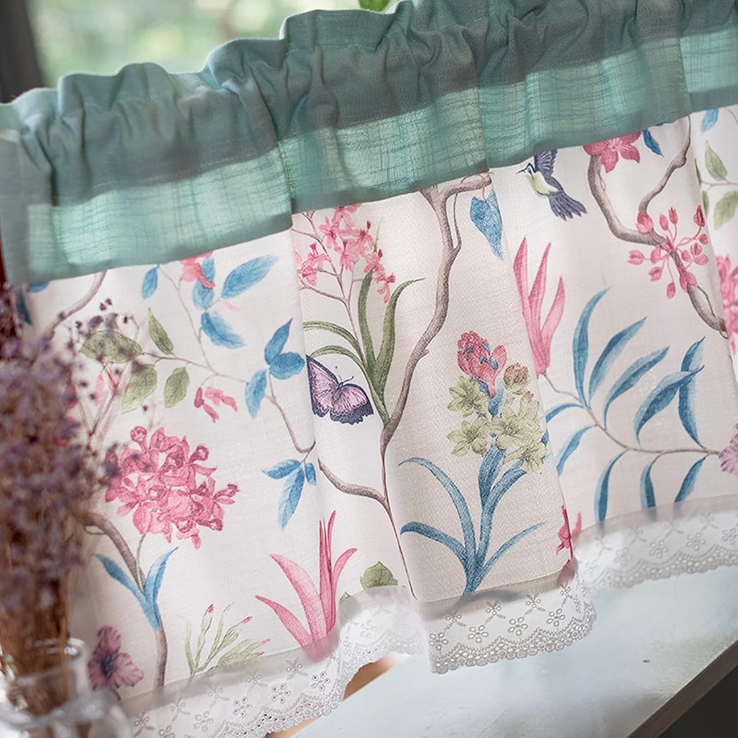 Short Kitchen Curtain,Coffee Curtains Cotton and Linen Stitching,Valance for Small Furniture Curtains,Hollow Lace Design Half Tier Curtain,Rustic Style Bistro Curtain for Kitchen Living Room Bathroo