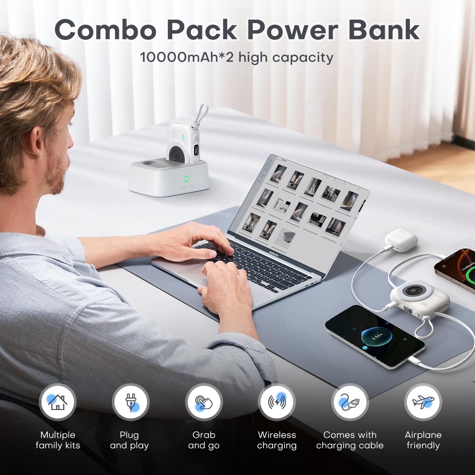 Caricatore Portatile Stazione,2x10000mAh Power Bank Magnetico con Ricarica Rapida, Doppio Cavo Type-C e Integrato, Display LED per Viaggi, Casa e Ufficio (Nero)