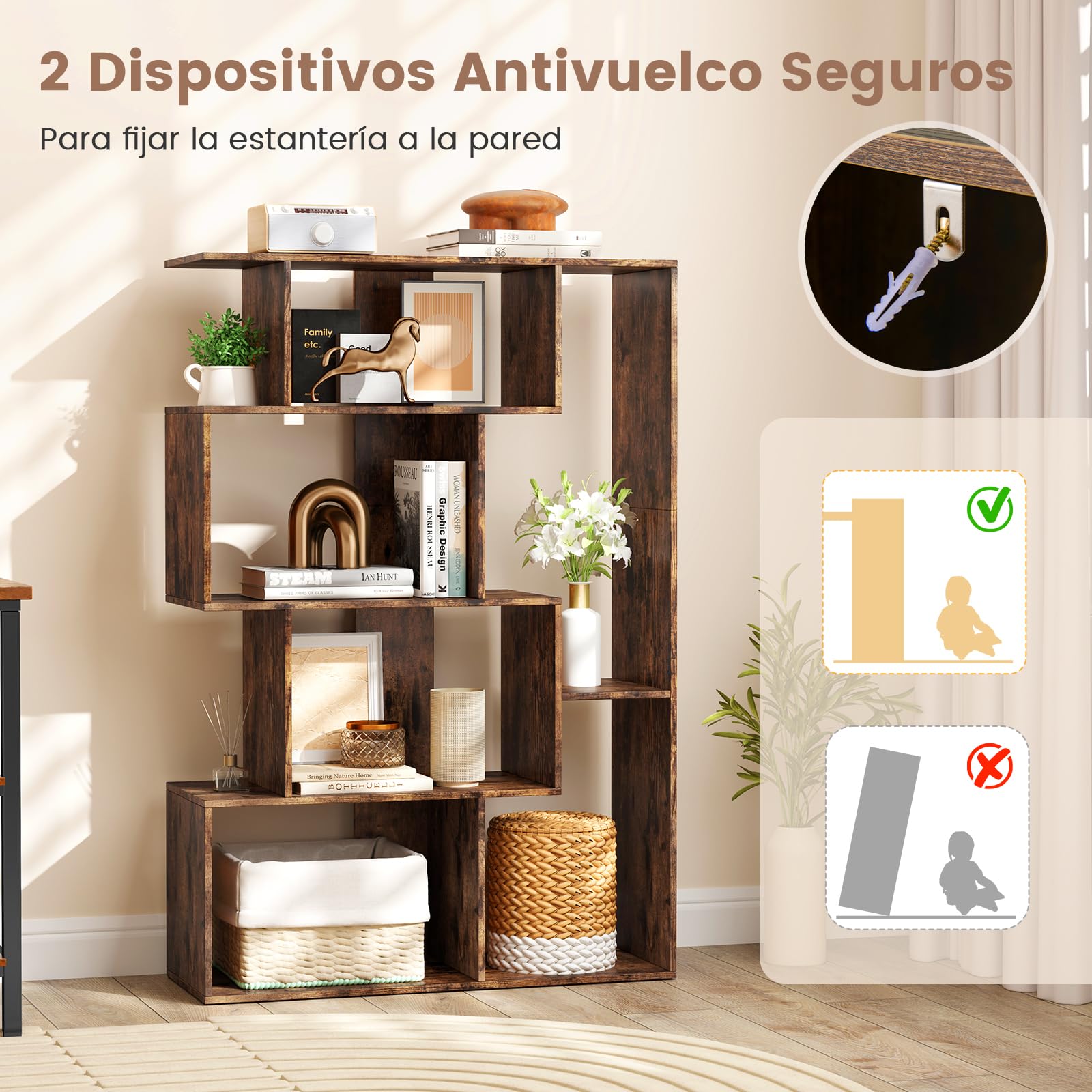 COSTWAY Librería Geométrica de 6 Cubos, Estanteria Libros Abierta, Separador de Espacios, Biblioteca Dormitorio Estudio Salon, 80 x 30 x 119cm (café)
