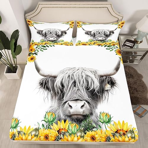 Sábana bajera ajustable de vaca de las tierras altas, tamaño individual XL, juego de ropa de cama de ganado toro amarillo con estampado de girasol