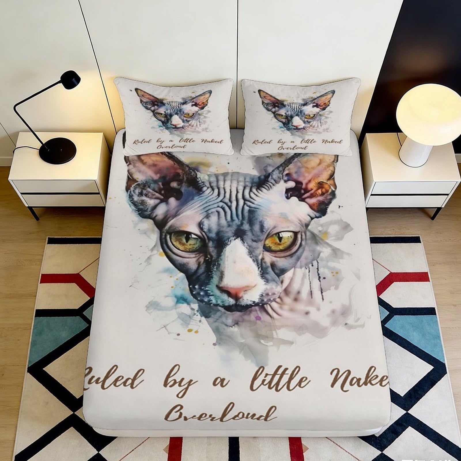 3D Printed Sphynx Cat Fitted Sheet Microfiber Soft Bedroom Decor Artistic Watercolor Bed Cover for Home Guest Room 160x200x25cm