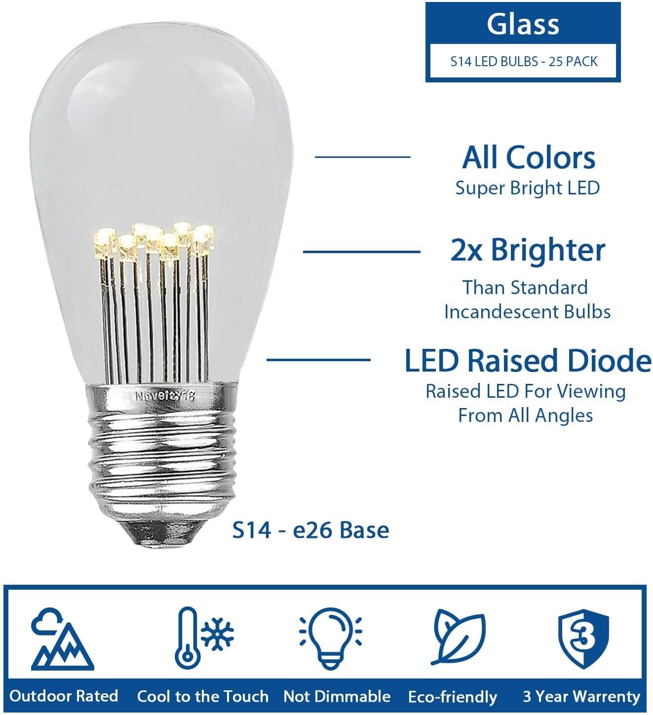 Novelty Lights 25 Pack LED S14 Outdoor Patio Edison Replacement Bulbs, Multi, E26 Medium Base, 1 Watt