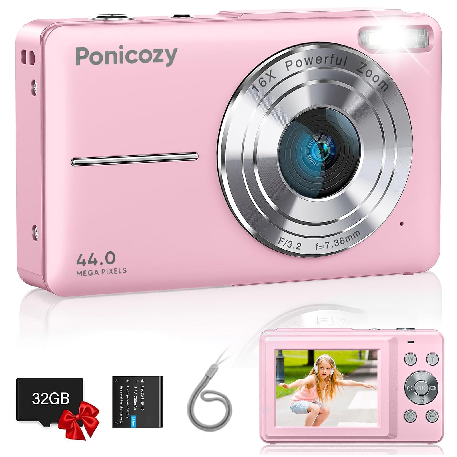 Ponicozy Digital Camera, 44MP FHD 1080P Video Camera for Kids, Digital Point and Shoot Camera with 32GB SD Card,16X Zoom Anti Shake, Compact Small Camera for Teens/Boys/Girls (Pink)