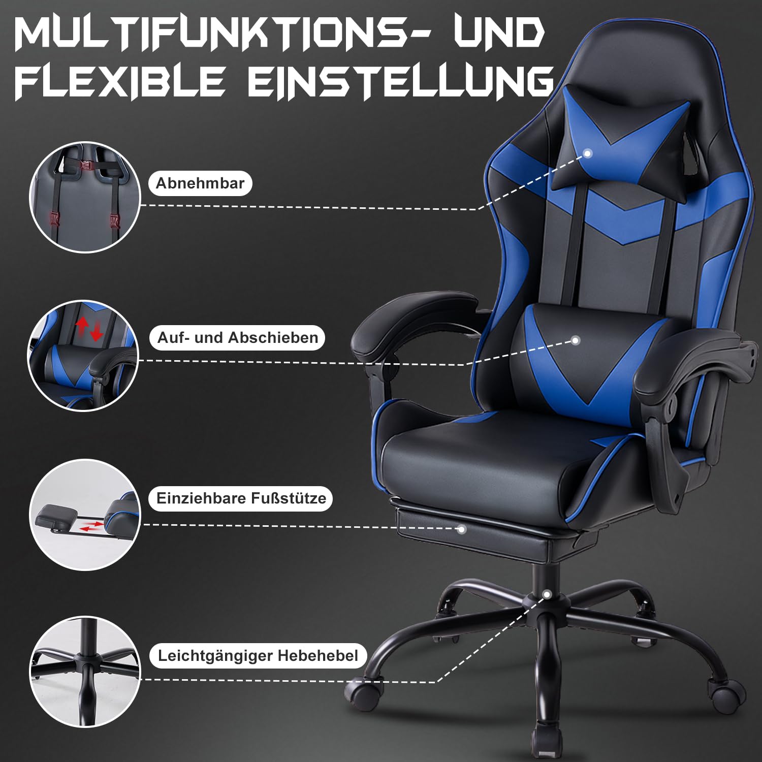 DUMOS Silla para Gaming, Silla ergonómica para Gamer, con reposapiés, reposacabezas y Soporte Lumbar, Altura Regulable, Acolchada, 150 kg, soporta hasta 150 kg, Color Negro y Azul