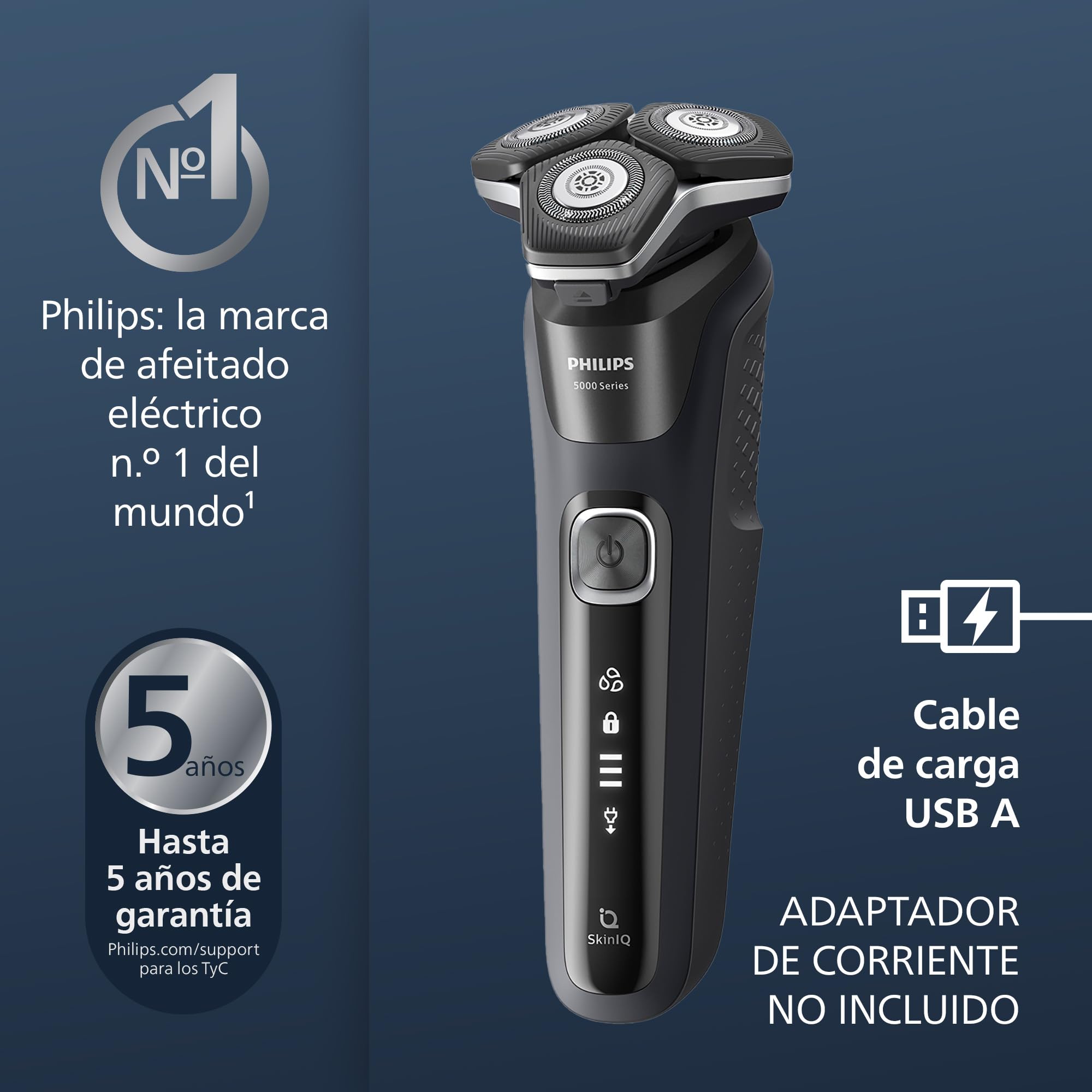 Philips Serie 5000 Afeitadora Eléctrica Hombre, Máquina de Afeitar Barba con Recortadora, 45 cuchillas, Cuida la piel, 60min de uso, En Seco y Húmedo, Recargable, Centro de Limpieza, S5898/50, Negro