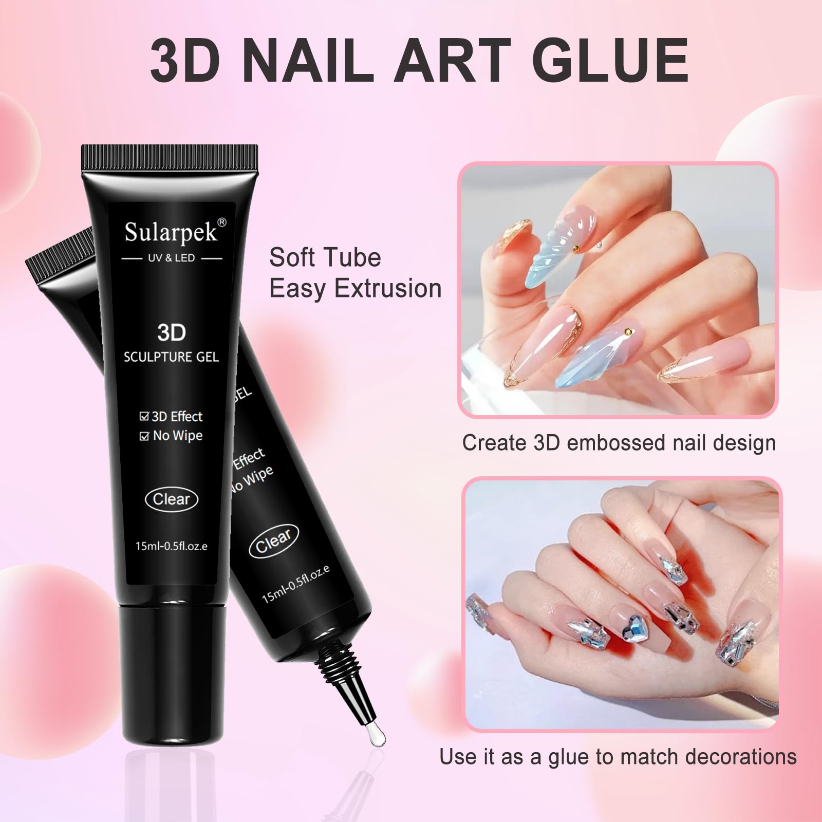 Sularpek 2 * 15ml Sculpture Gel 3D Carving Gels, Non Wipe Clear Sculpting, 5D Embossed Candy Molding Gel Nail Decoration - Image 2