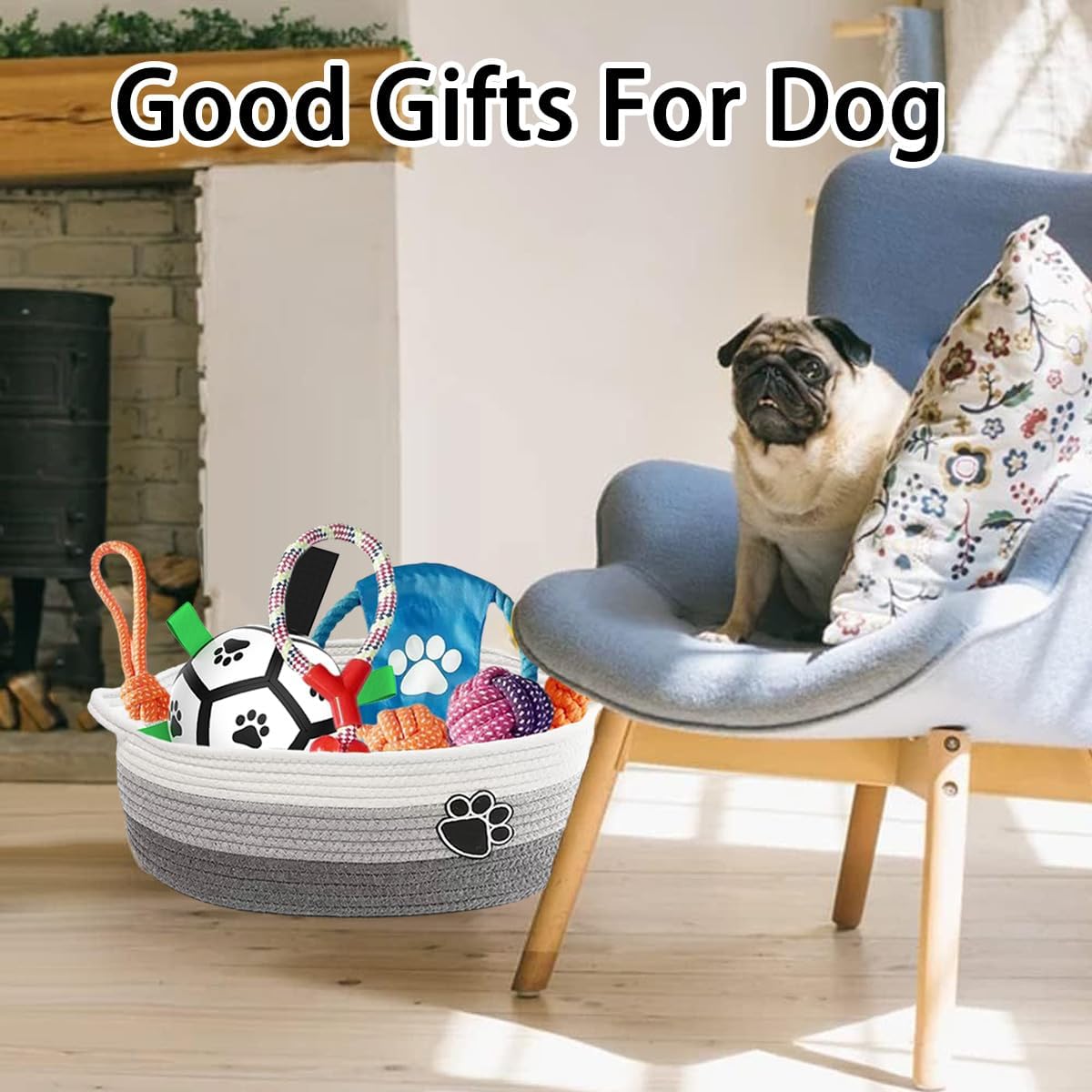 7 Pcs Puppy Dog Toys Storage Basket Set Dog Gift Chew Toys for Teething Squeaky Plush Duck Rope Woven Basket with Handles for Small Puppy
