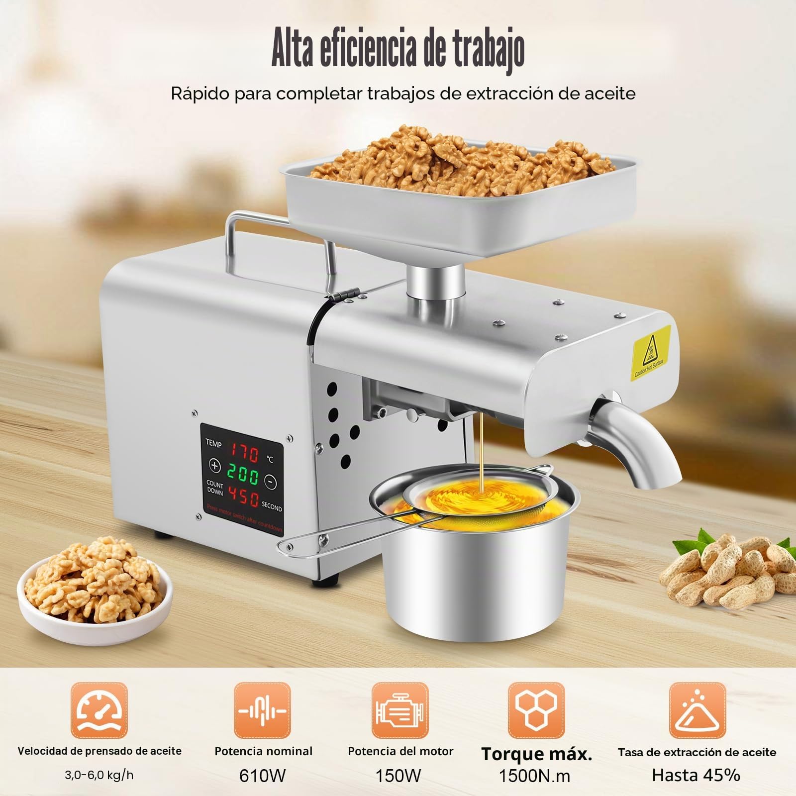 Prensa de aceite eléctrico para aceite frío y caliente, máquina de prensado de aceite para nueces, cacahuetes, sésamo, 3-6 kg/hora, 50-250 °C, 610 W