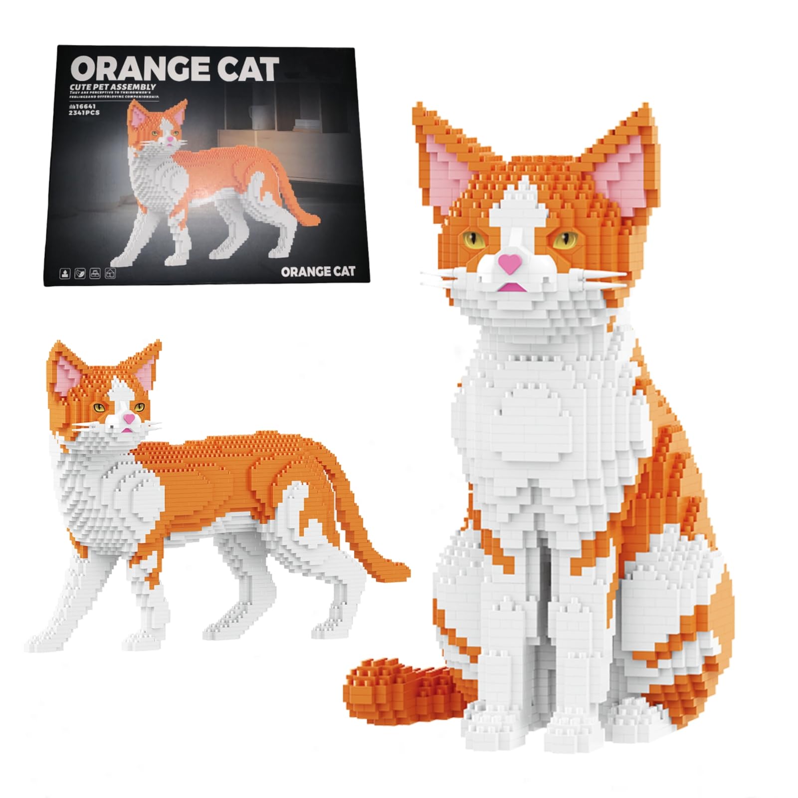2 IN 1 Orange Cat Building Set for Adults, 2302 Pieces Kitty Mini Micro Building Blocks, Cute Pet Animal Figure Model Toy, Home Desk Decor, Birthday Gifts for Teenagers