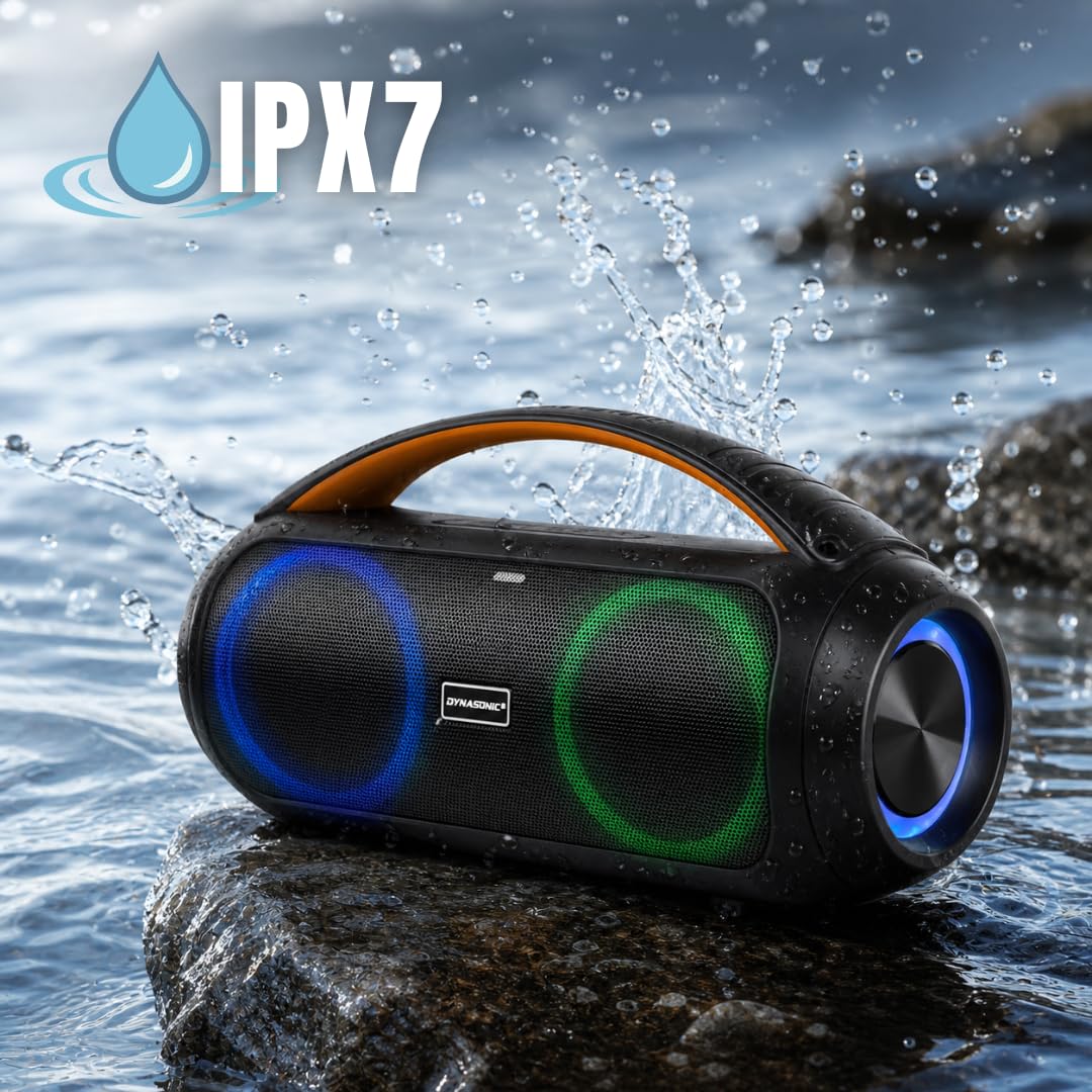 DYNASONIC D93 - Enceinte Bluetooth Portable IPX5 Hautparleur Waterproof. Enceinte d'extérieur sans Fil. Stéréo sans Fil. Lecteur de Son Puissant avec lumières LED intégrées. Micro-SD, USB.