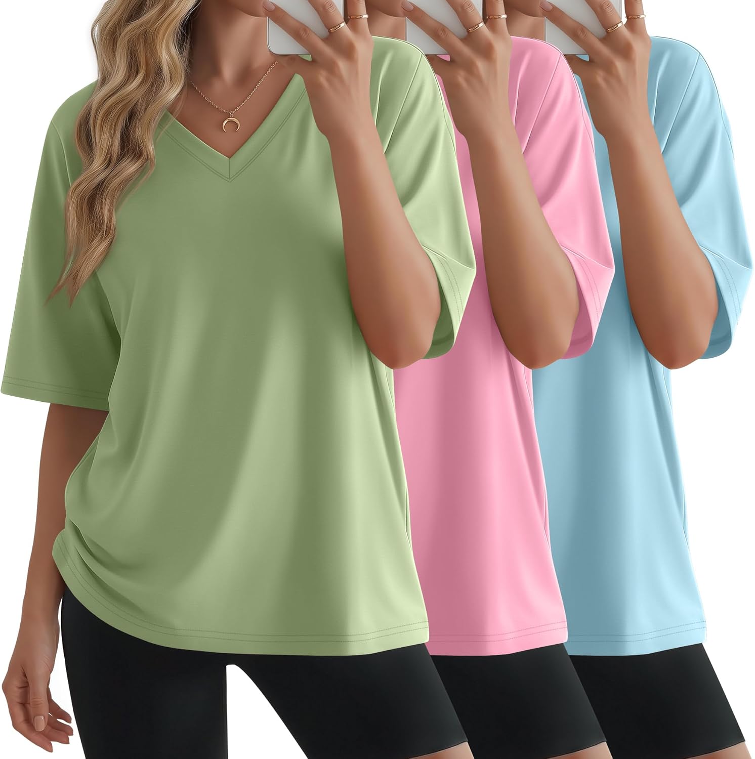 3 Pack Womens Oversized Half Sleeve T Shirts V Neck Tops Loose Fit Basic Tees Summer Casual Clothes