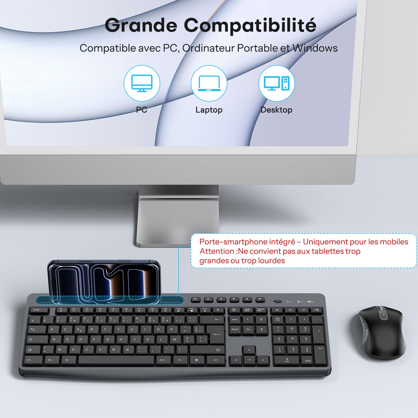Ensemble Clavier et Souris sans Fil OMOTON, 2,4 GHz AZERTY, Noir-Gris | Support pour téléphone intégré, Silencieux, Ergonomique, 3 DPI, Voyant d'alimentation, pour Windows/Linux/PC, Bureau, études