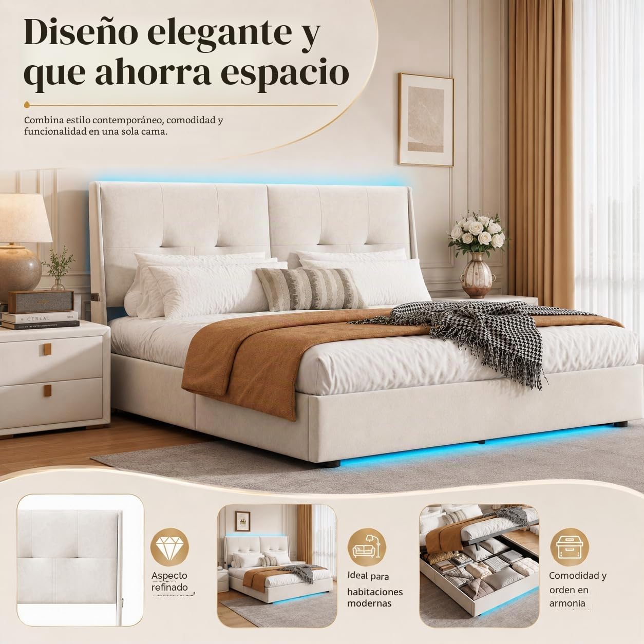 Cama Acolchada De Matrimonio 160 X 200 Cm, Estructura Para Cama Con LED, Almacenamiento De Elevación Hidráulica, Respaldo Cómodo, Somier De Láminas, Franela Beige