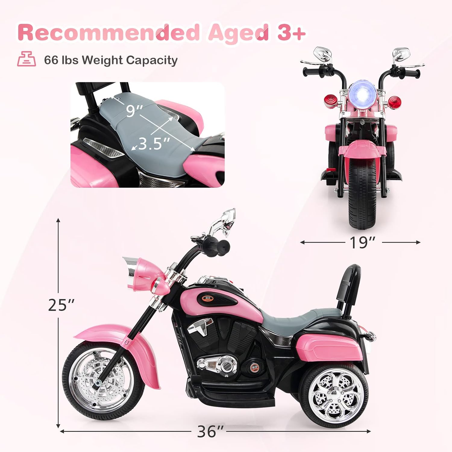 Image displaying the dimensions and key specifications of the HONEY JOY Kids Electric Chopper Motorcycle.