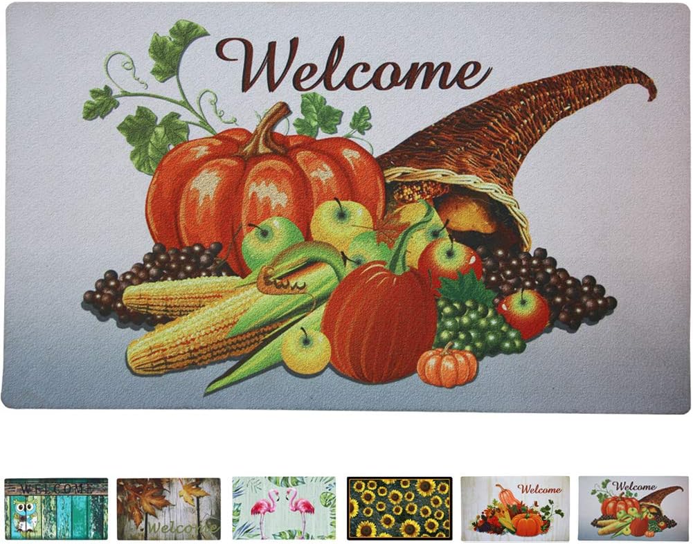 Attraction Design Rubber Welcome Door Mat, Decorative Indoor Outdoor Fall Doormat Non Slip Front Door Mat, Easy to Clean Low Profile Mat for Entry Patio Garage High Traffic Areas (Autumn Doormat B)