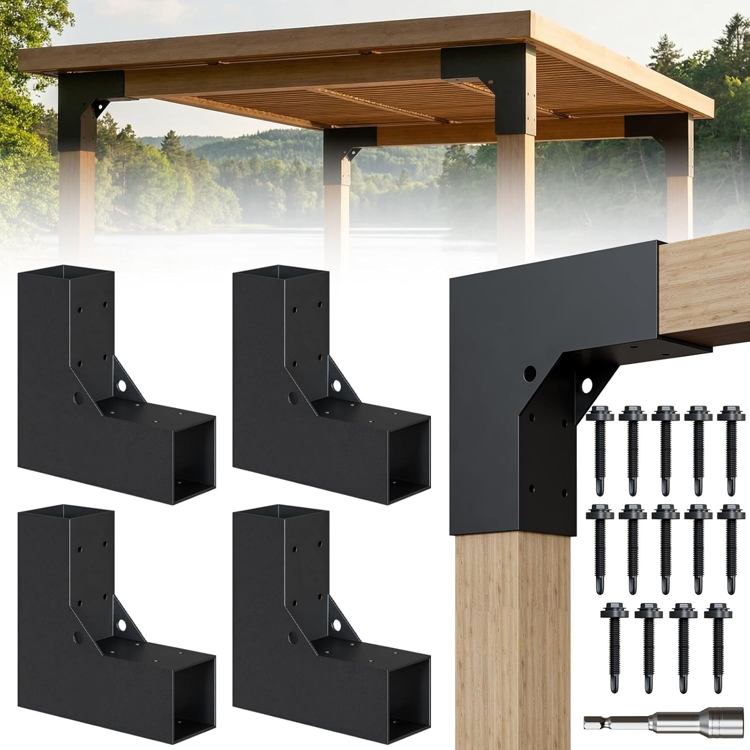 4 Pcs Pergola DIY Bracket Kits, 2-Way L Shaped Corner Brackets for 4" x 4"(Actual:3.5" x 3.5") Indoor and Outdoor Wood Post Structures, DIY 90° Right Corner Brackets, for Gazebos, Patios, Porchs