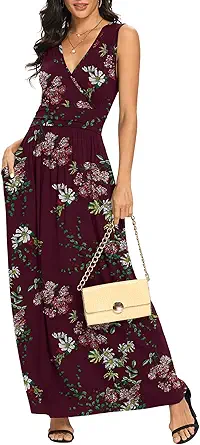 LILBETTER Women Sleeveless Deep V Neck Loose Plain Long Maxi Casual Dress