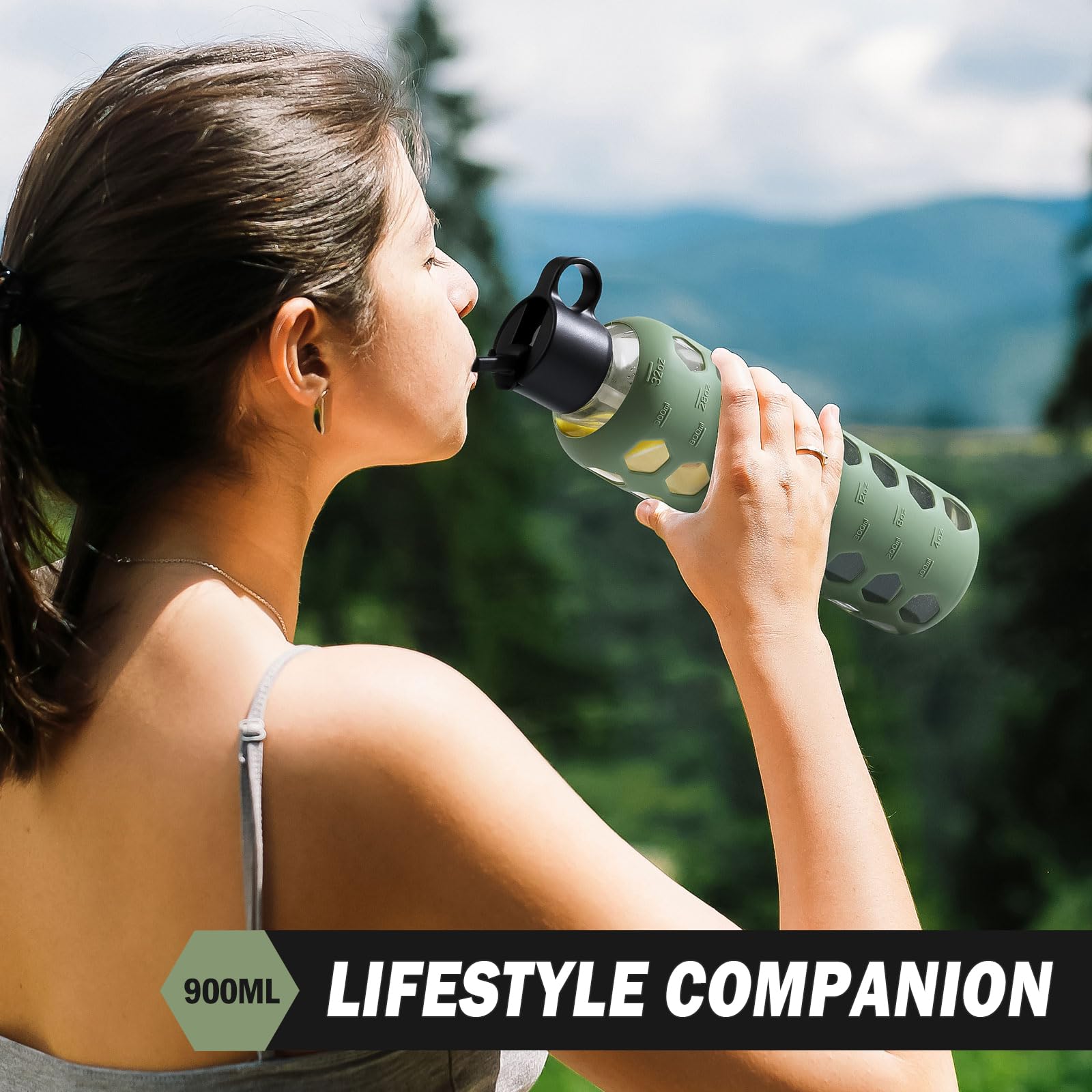 BLUEGO Borracce in vetro, 900ml Bicchiere in vetro, Bottiglie per bere con 2 coperchi, Bottiglia per l'acqua sportiva con custodia in silicone, A prova di perdite, Oliva