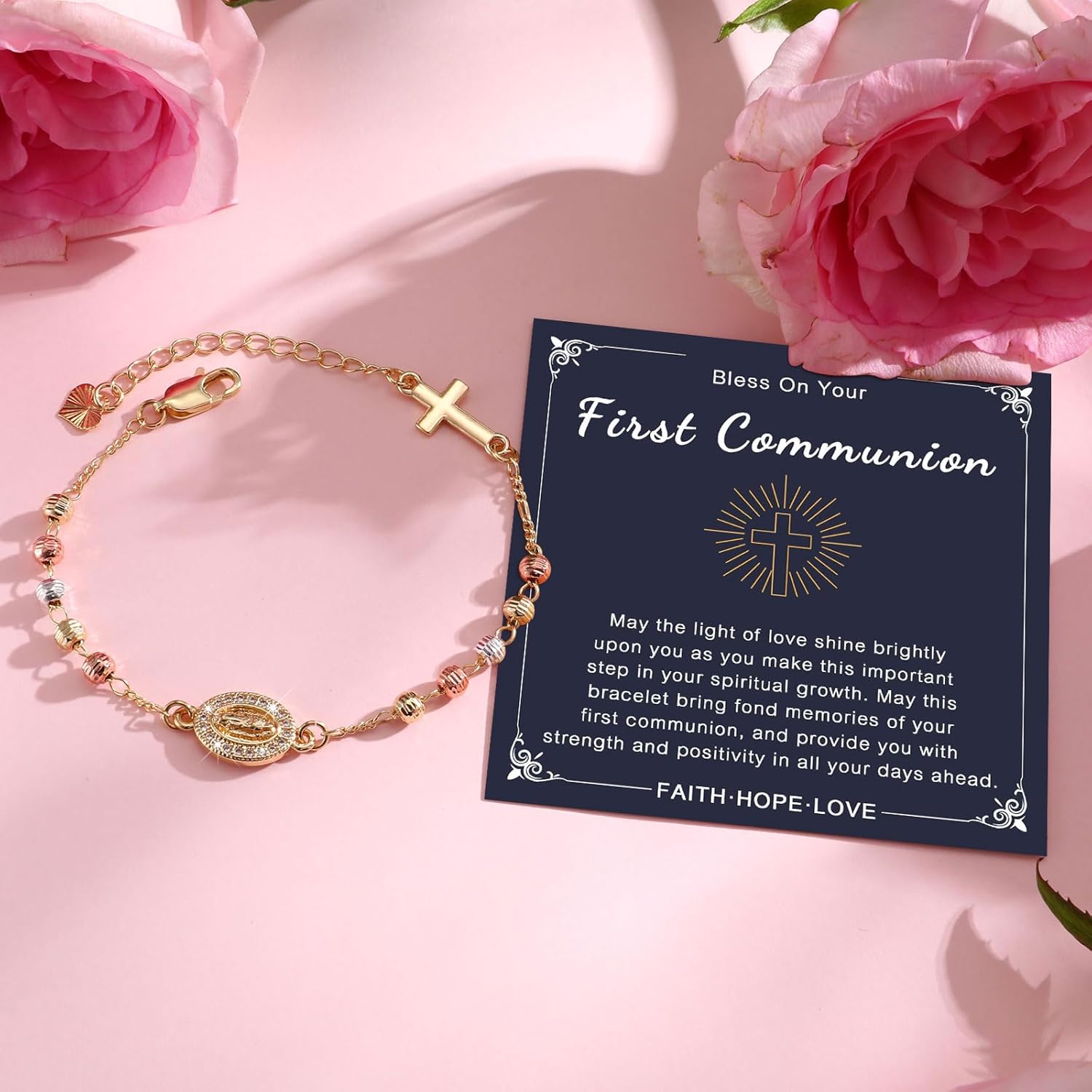 Religious Gift Rosary Bracelet for Women-14K gold plated Virgen de Guadalupe Rosary Beads Cross Charm Link Chain, Dainty Virgin Mary Catholic Gifts for Confirmation Baptism First Communion Godmother - Image 4