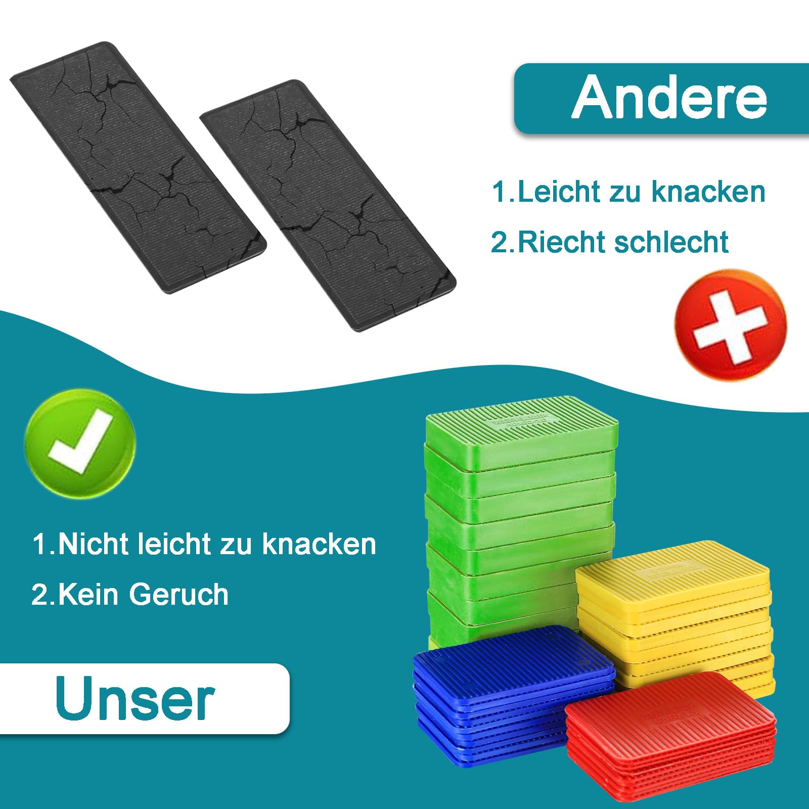 Unterlegplatten Kunststoff, 60 Stück Mehrfarbige Ausgleichsplatten aus Kunststoff, 60x40 mm Möbel Nivellierpads, 4 Stärke 1,5mm,3mm,5mm,10mm Unterlegplatten Sortiment, für Fenster, Türen