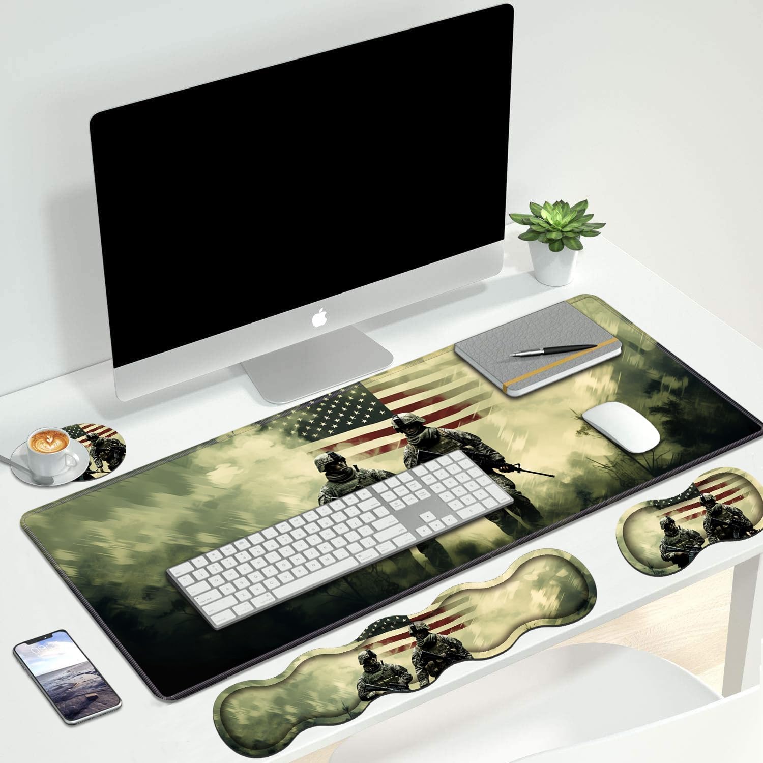 4 in 1 Ergonomic Keyboard Wrist Rest & Mouse Pad Wrist Rest Set, Large Gaming Desk Mat 31.5"x 11.8" with Non-Slip Base, Memory Foam for Home Office Study Gaming, American Military Army Troops Soldiers