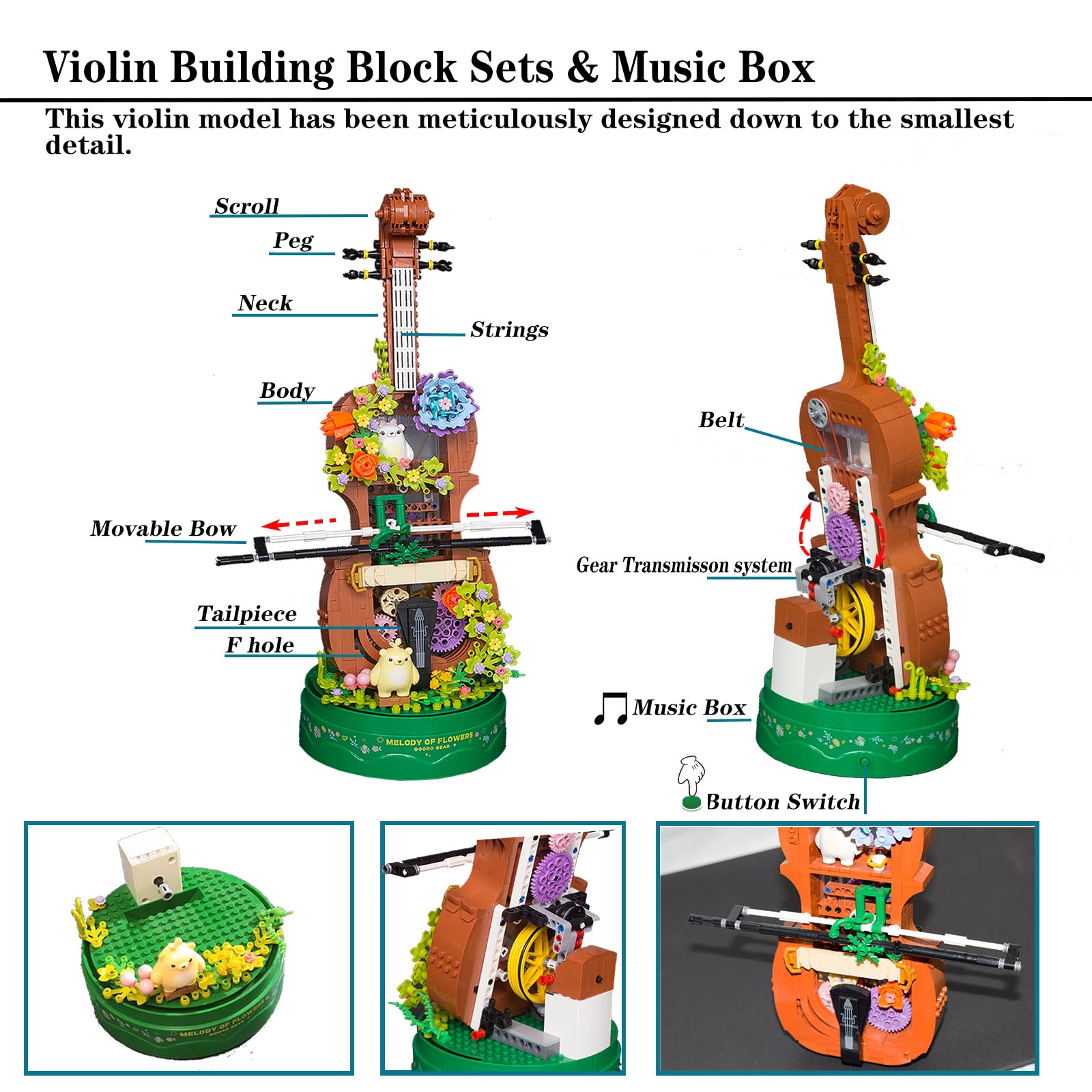 KALAPINK Mini Violin Building Block Music Box Model Sets (10.0x6