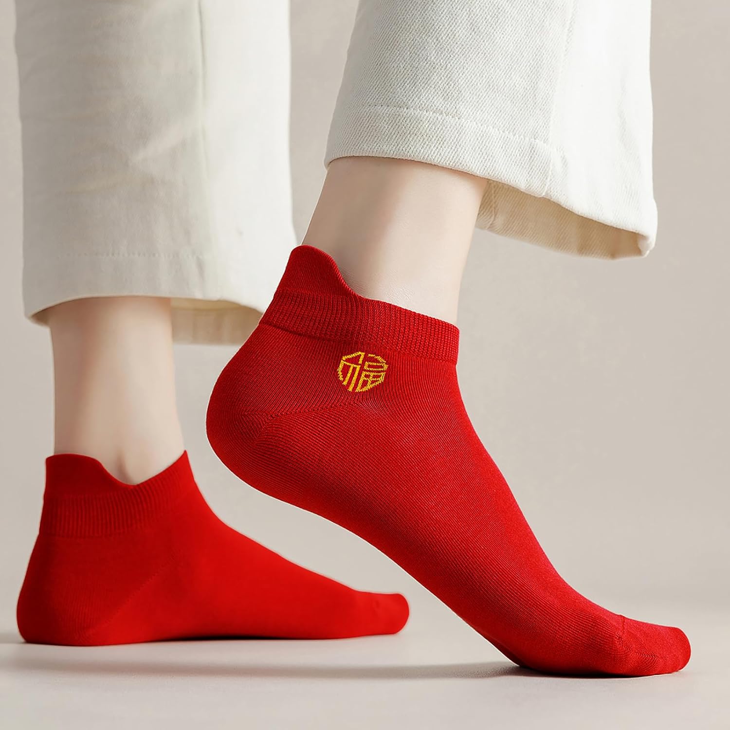 Men's Red Socks Ankle Socks Comfortable White/Black Casual With Heel Tab,Chinese New Year Socks, Size 6-10 (6 pairs)