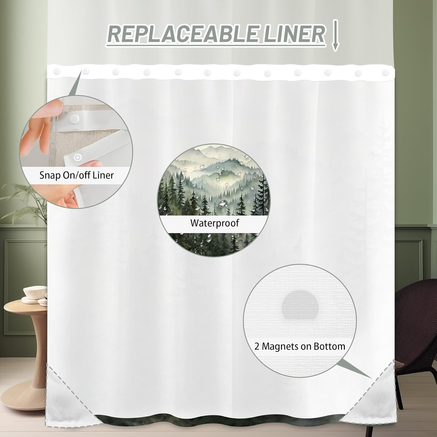 Forest See Through Mesh Top Shower Curtain with Window, Nature Mountain Double Layer Shower Curtains with Snap in Liner with Magnets, Waterproof Cloth Fabric with Hooks, 71" W x 72" L