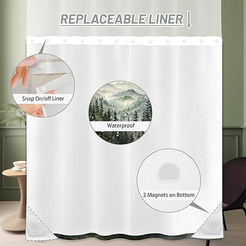 Miniatura 6 de Cortina de ducha con parte superior de malla transparente con ventana, cortinas de ducha de doble capa con forro a presión con imanes, tela de tela