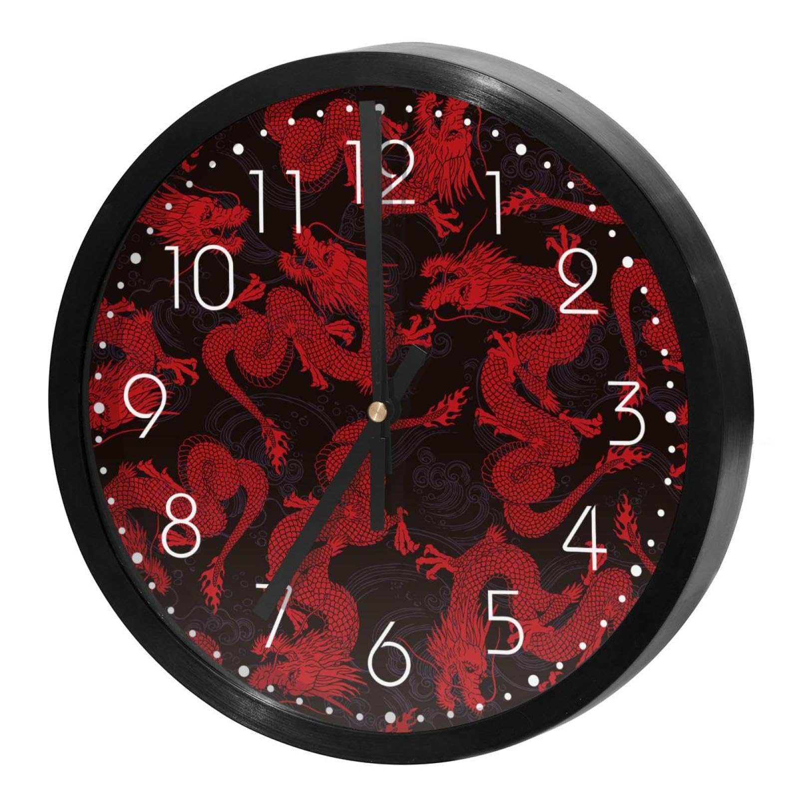 Horloge murale sans tic-tac dragon asiatique rouge pour l'école