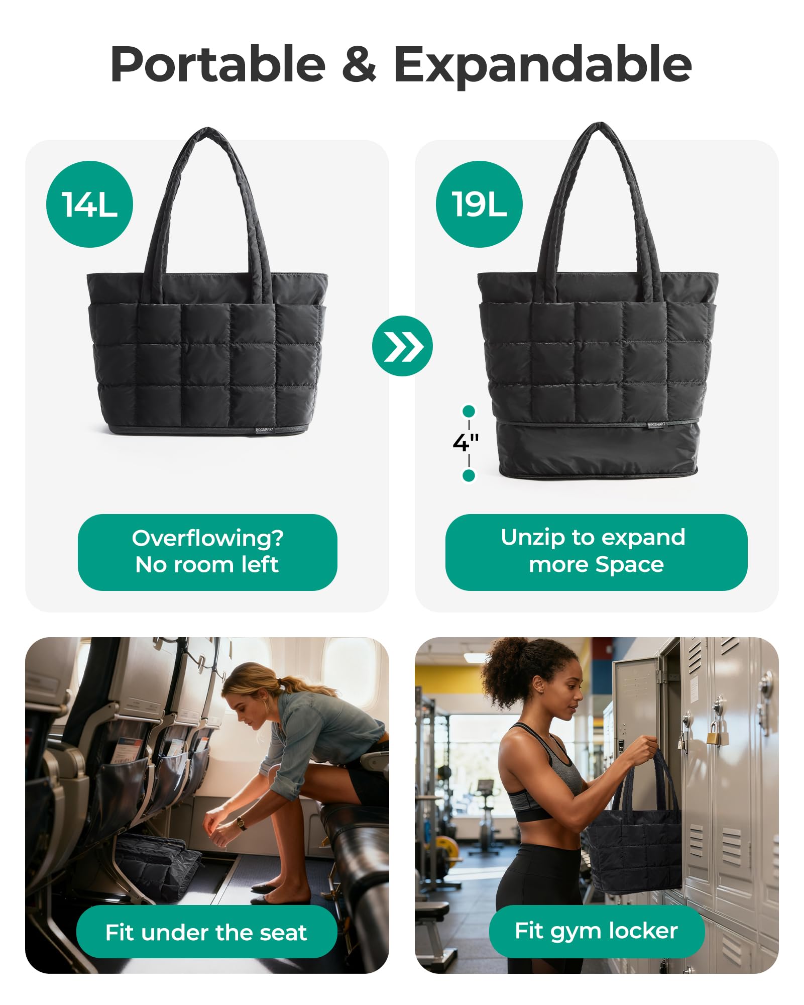 bagsmart Torebka damska Puffy Tote Bag rozszerzalna torba buforowa, torba na ramię, torba robocza z zamkiem błyskawicznym, lekka torebka do pracy, na podróż, zakupy, do szkoły, samolotu