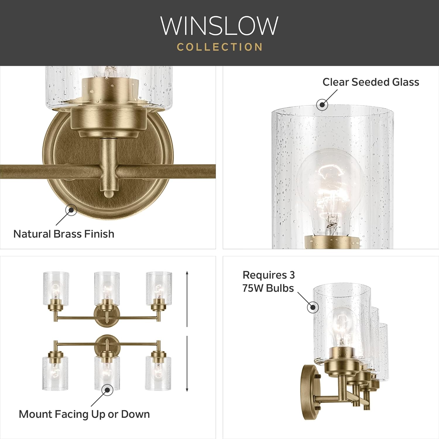 Kichler Winslow 21.5" 3-Light Bathroom Vanity Light Fixture with Clear Seeded Glass in Natural Brass for Luxe Industrial Style Over Mirror (21.5" x 9.25"), 45886NBR