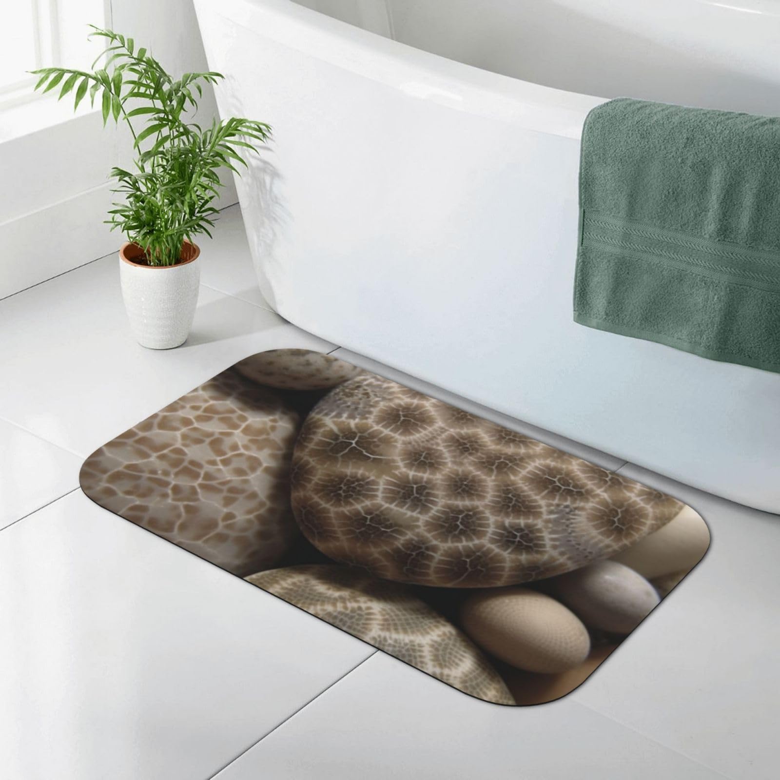 Tapis de salle de bain antidérapant 80x50 Petoskey absorbant motif pierre galets