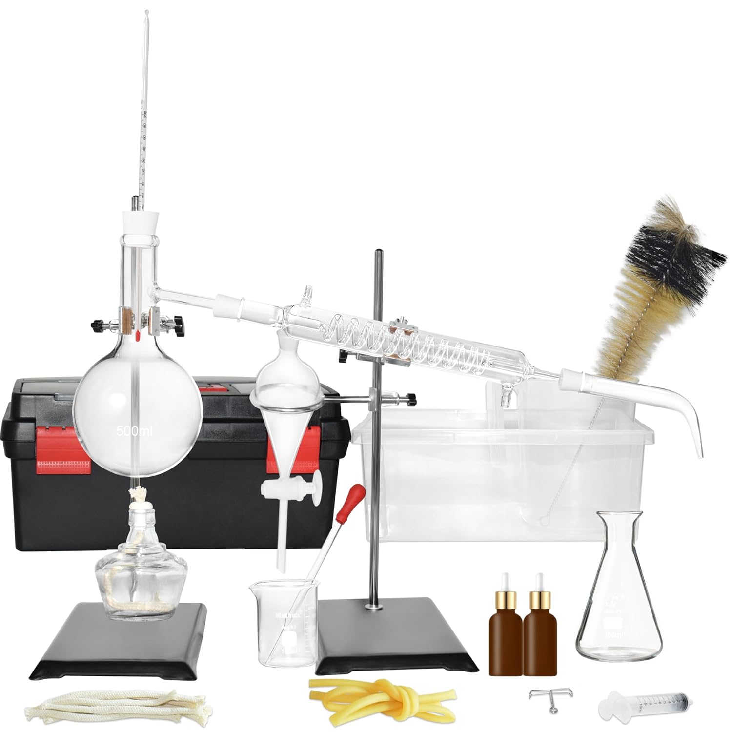 Home Distiller Distilling to Making Your Own Essential Oil, Moonshine, Alcohol Distiller Chemistry Lab Glassware Kit,Glass Distilling,Distillation Apparatus 22pcs Kit, 500 ML