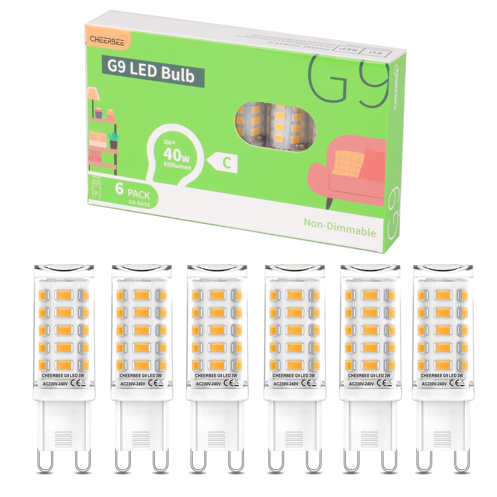 CHEERBEE G9 LED Bulbs Warm White 2700K 3W (6 Pack), 480LM Bright G9 LED Light Bulbs, 40W Halogen Replacement, Energy Class C, Non-Dimmable, Flicker Free for Chandeliers, Ceiling Lights & Home Lighting โ image 1