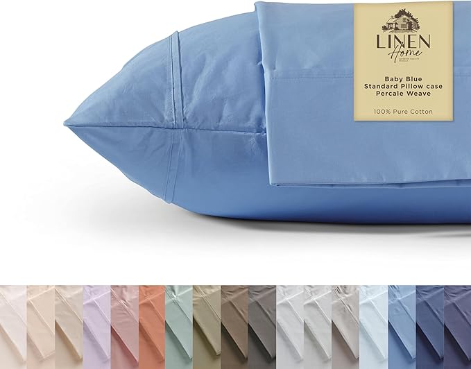 100% Cotton Percale Pillowcases Standard/Queen Set of 2 - Soft, Crisp & Cooling, 20x30 Inches - Baby Blue