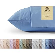 Linen Home Queen Pillowcases Set of 2, 100% Cotton Percale, Baby Blue