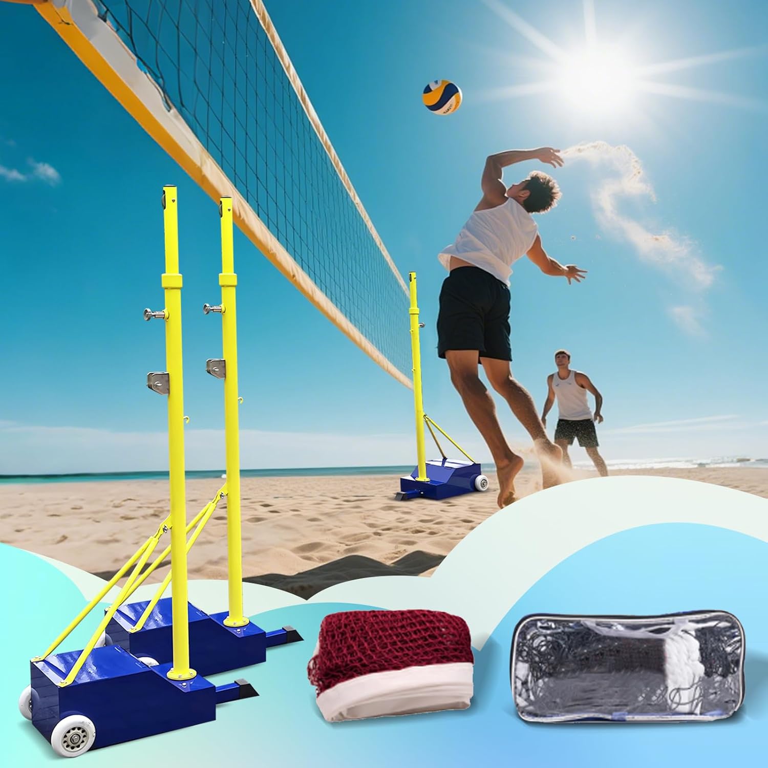 Volleyball/Badminton Poles with Nets,Heavy Duty Volleyball Poles for Backyard with Wheels,Volleyball Net with Poles 5ft-6.8ft Height Adjustable,for Adults Kids Indoor/Outdoor School