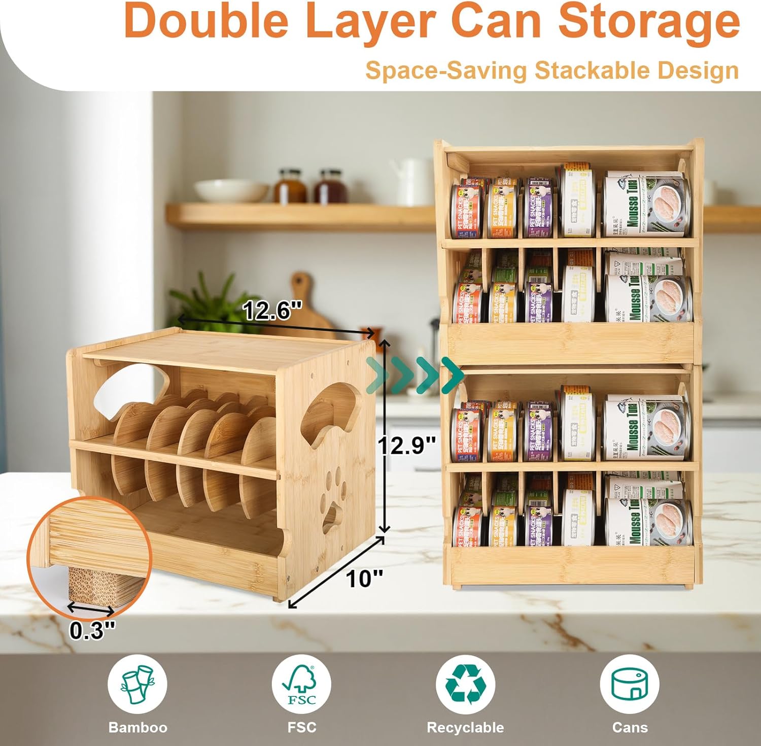 Upgraded Bamboo Cat Food Can Organizer - FIFO Pantry Storage Rack, Holds 42 (3oz) Cans, Stackable Pet Food Can Organizer for Kitchen Pantry (2)