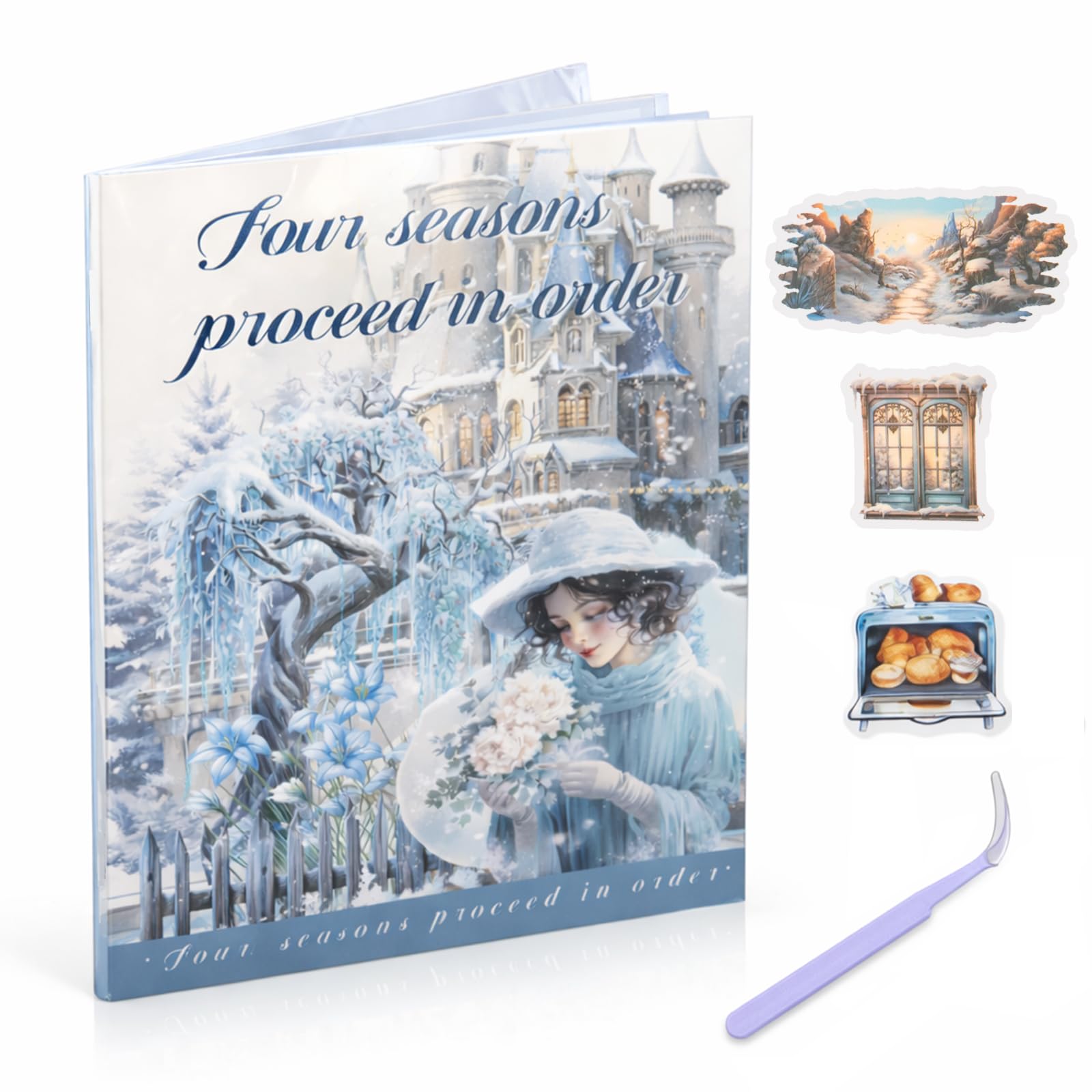 Winter Castle Theme Sticker Book & Ephemera Bundle for Scrapbooking & Junk Journaling - 20 Pre-Cut PET Sheets with Snowy Landscapes, ICY Trees, Craft Kit for Cards, Planner, Floral and Transparent