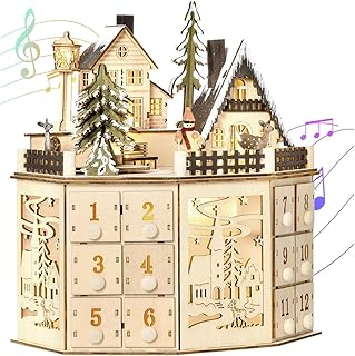 Adventskalender aus Holz, Weihnachtsvorbereitungskalender mit Musik, LED-Beleuchtung, Musik, Adventskalender mit 24 Schubladen, beleuchteter Weihnachtskalender (A)