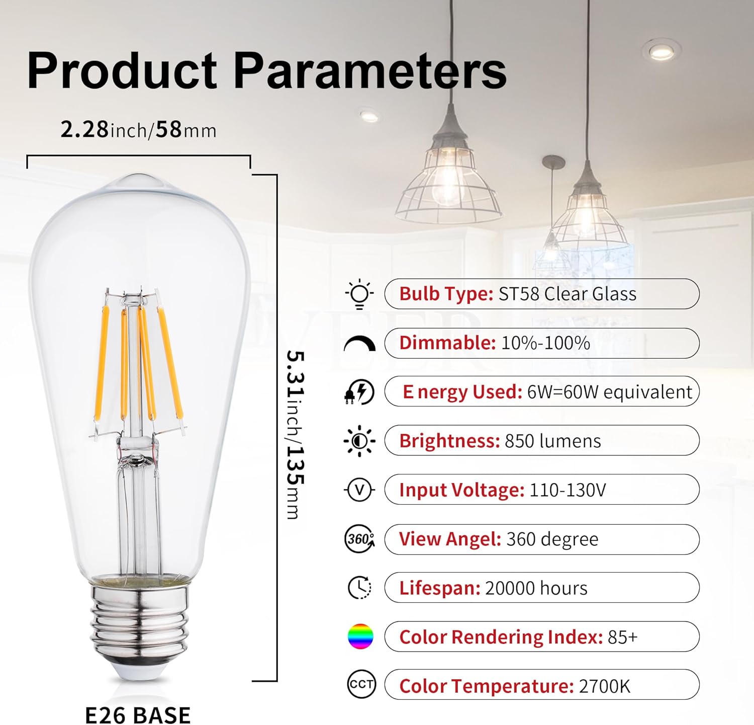 E26 LED Edison Bulbs 6W, Equivalent 60 Watt Incandescent, Dimmable Vintage Led Filament Bulbs, Warm White 2700K, CRI 85+, E 26 Medium Base, Clear Glass, ST58, Pack of 6